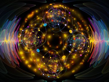 Dalga Fonksiyonu serisi. Ses eşitleyici, müzik spektrumu ve kuantum olasılığı üzerine renkli sinüs titreşimleri, ışık ve fraktal elementlerin arkaplanı