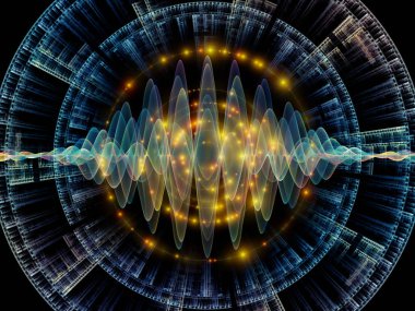 Dalga fonksiyonu serisi. Sanatsal soyutlama oluşan renkli sinüs titreşimleri, ışık ve fraktal öğeleri konu üzerinde ses ekolayzer, müzik spektrum ve kuantum olasılık