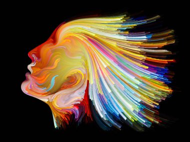 Renk serisinin yüzü. İnsan profilinin düzenlenmesi ve yaratıcılık, tasarım, iç dünya, insan doğası ve sanatsal ruh konularında renkli çizgiler