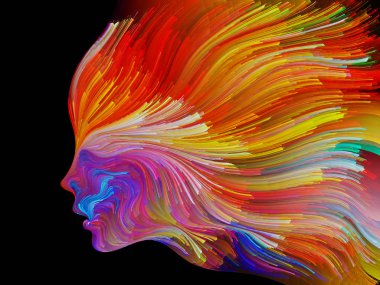 Yüz renk serisi. İnsan profili ve yaratıcılık, tasarım, iç dünya, içgüdü ve sanatsal ruh konusunda boya hareketli renkli çizgiler