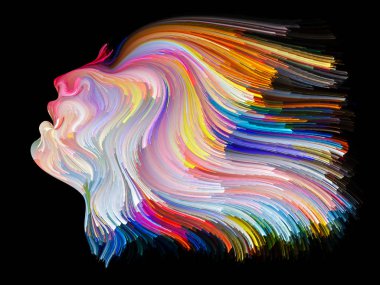 Yüz renk serisi. İnsan profili ve yaratıcılık, tasarım, iç dünya, içgüdü ve sanatsal ruh konusunda boya hareketli renkli çizgiler soyut tasarım yapılmış