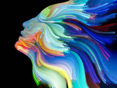 Yüz renk serisi. İnsan profili ve yaratıcılık, tasarım, iç dünya, içgüdü ve sanatsal ruh konusunda boya hareketli renkli çizgiler soyut tasarım yapılmış