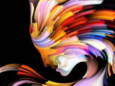 Yüz renk serisi. İnsan profili ve yaratıcılık, tasarım, iç dünya, içgüdü ve sanatsal ruh konusunda boya hareketli renkli çizgiler