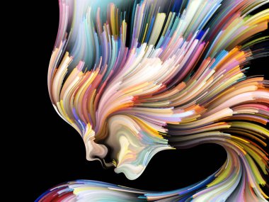 Yüz renk serisi. İnsan profili ve yaratıcılık, tasarım, iç dünya, içgüdü ve sanatsal ruh konusunda boya hareketli renkli çizgiler soyut tasarım yapılmış