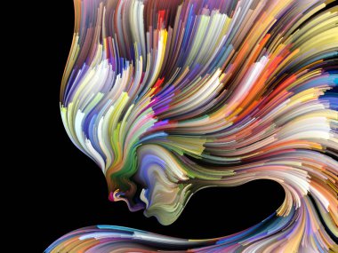 Yüz renk serisi. İnsan profili ve yaratıcılık, tasarım, iç dünya, içgüdü ve sanatsal ruh konusunda boya hareketli renkli çizgiler soyut tasarım yapılmış