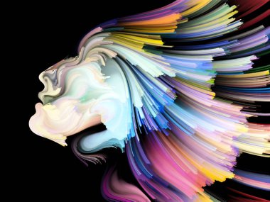 Yüz renk serisi. İnsan profili ve yaratıcılık, tasarım, iç dünya, içgüdü ve sanatsal ruh konusunda boya hareketli renkli çizgiler soyut tasarım yapılmış