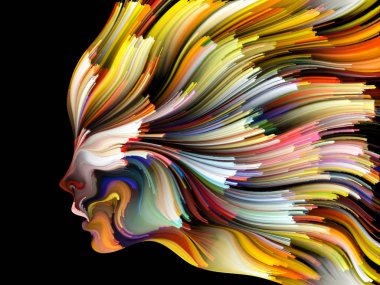 Yüz renk serisi. Arka plan tasarım insan profili ve yaratıcılık, tasarım, iç dünya, içgüdü ve sanatsal ruh konusunda boya hareketli renkli çizgiler