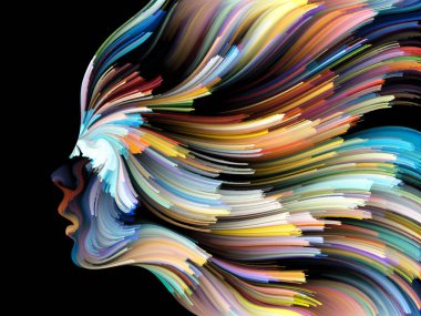 Yüz renk serisi. Arka plan tasarım insan profili ve yaratıcılık, tasarım, iç dünya, içgüdü ve sanatsal ruh konusunda boya hareketli renkli çizgiler