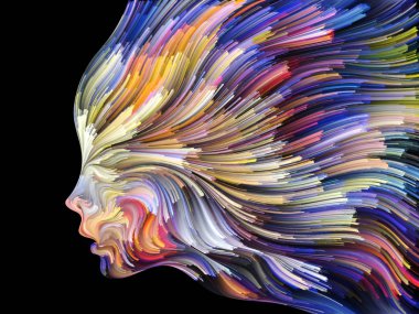 Renk serisinin yüzü. Yaratıcılık, tasarım, iç dünya, insan doğası ve sanatsal ruh projeleri için uygun bir zemin olarak insan profili ve renkli renkli boya çizgileri.