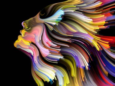 Yüz renk serisi. Sanatsal soyutlama insan profili ve yaratıcılık, tasarım, iç dünya, içgüdü ve sanatsal ruh konusunda boya hareketli renkli çizgiler oluşur