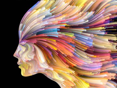 Yüz renk serisi. Zemin insan profili ve boya hareketli renkli çizgiler oluşmaktadır ve yaratıcılık, tasarım, iç dünya, içgüdü ve sanatsal ruhu projelerde kullanıma uygun