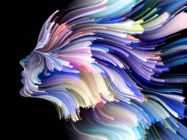 Yüz renk serisi. İnsan profili ve yaratıcılık, tasarım, iç dünya, içgüdü ve sanatsal ruhu projelerde kullanılmak üzere boya hareketli renkli çizgiler arka plan yapılmış