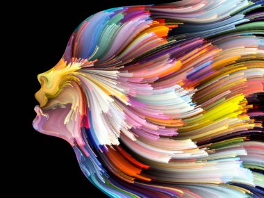 Yüz renk serisi. İnsan profili ve yaratıcılık, tasarım, iç dünya, içgüdü ve sanatsal ruhu boya mecazi ilişki ile hareketli renkli çizgiler bileşimi