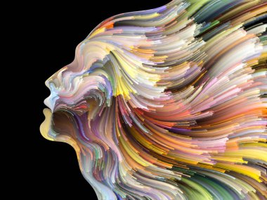 Yüz renk serisi. İnsan profili ve yaratıcılık, tasarım, iç dünya, içgüdü ve sanatsal ruhu boya mecazi ilişki ile hareketli renkli çizgiler bileşimi