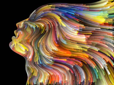 Yüz renk serisi. Zemin tasarımı insan profili ve boya işleri yaratıcılık, tasarım, iç dünya, insan doğası ve sanatsal ruhu için hareketli renkli çizgiler