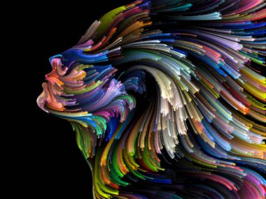 Yüz renk serisi. İnsan profili ve yaratıcılık, tasarım, iç dünya, içgüdü ve sanatsal ruh konusunda boya hareketli renkli çizgiler soyut tasarım yapılmış