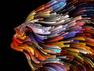 Renk serisinin yüzü. Yaratıcılık, tasarım, iç dünya, insan doğası ve sanatsal ruh projeleri için uygun bir zemin olarak insan profili ve renkli renkli boya çizgileri.