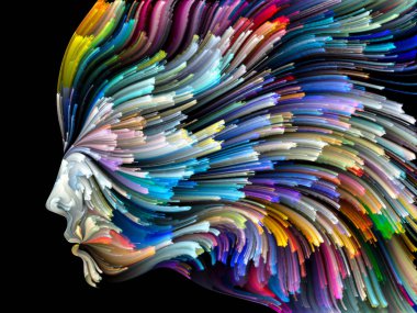 Yüz renk serisi. Zemin insan profili ve yaratıcılık, tasarım, iç dünya, içgüdü ve sanatsal ruh konusunda boya hareketli renkli çizgiler