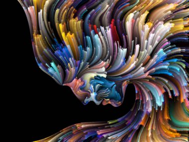 Yüz renk serisi. İnsan profili ve yaratıcılık, tasarım, iç dünya, içgüdü ve sanatsal ruhu projelerde kullanılmak üzere boya hareketli renkli çizgiler sanatsal arka plan yaptı