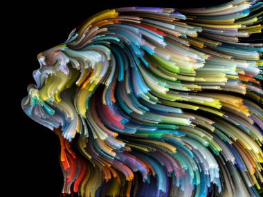 Yüz renk serisi. İnsan profili ve yaratıcılık, tasarım, iç dünya, içgüdü ve sanatsal ruhu boya mecazi ilişki ile hareketli renkli çizgiler bileşimi