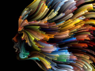 Yüz renk serisi. İnsan profili ve yaratıcılık, tasarım, iç dünya, içgüdü ve sanatsal ruhu boya mecazi ilişki ile hareketli renkli çizgiler bileşimi