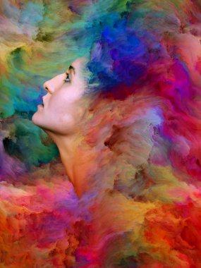 Kadınlar Dünya Serisi. Kadın portresinin arka planı duygular, duygular, iç dünya, yaratıcılık ve hayal gücü üzerine canlı boyalar ile kaynaştırılmış.