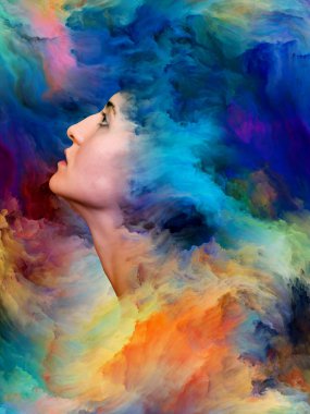 Kadınlar Dünya Serisi. Arkaplan, canlı boyayla kaynaşmış kadın portresinden oluşuyor ve duygular, iç dünya, yaratıcılık ve hayal gücü projelerinde kullanılmaya uygun.