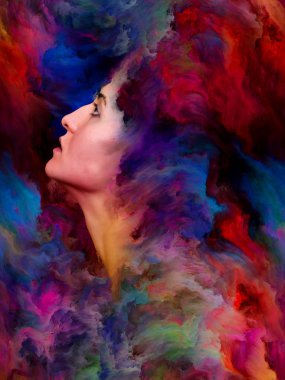 Kadınlar Dünya Serisi. Duygular, duygular, iç dünya, yaratıcılık ve hayal gücü konularında bir metafor olarak kadın portresinin canlı resimlerle kaynaşmış yaratıcı düzenlemesi.