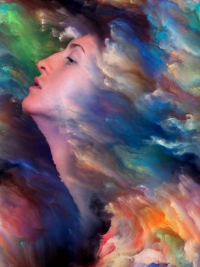 Kadının dünya serisi. Zemin tasarımınızı duygular, duygular, iç dünya, yaratıcılık ve hayal gücü konusunda tamamlayacak canlı boya ile erimiş kadın portresi