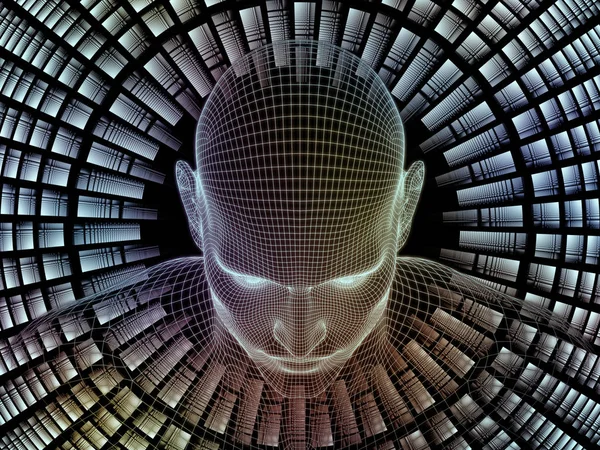 Radiating Mind series. 3D rendering design of wire-mesh model of human head and fractal pattern on the subject of human mind, artificial intelligence and virtual reality