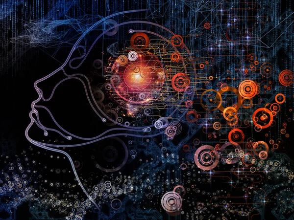 Dijital zihin serisi. Bilgisayar bilimi, yapay zeka ve iletişim projeler için insan yüz ve teknoloji sembol siluet bileşimi