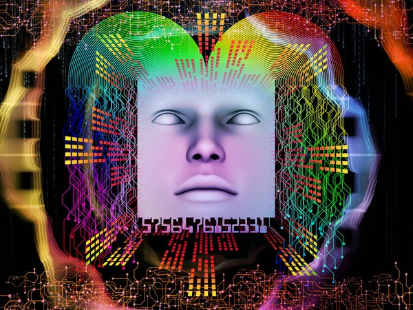 Yapay zeka serisi. İnsan yüzü ve bilgisayar öğeleri süper insan AI, bilgisayar bilinç ve teknoloji projeleri için uygun bir zemin olarak 3d illüstrasyon kompozisyon