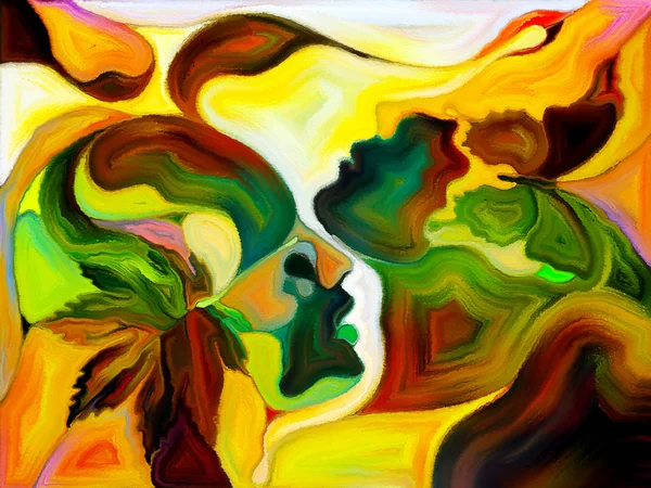 彩绘玻璃永远系列 人类的轮廓与秋季 Lea 和蝴蝶在爱 关系和与自然的团结的主题画了以有机样式 — 图库照片