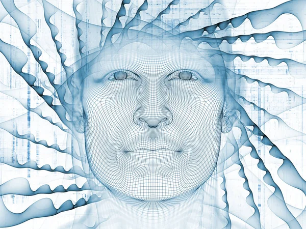 3D Renderleme Zihin Sahası serisi. Tel örgüsü insan modeli ve yapay zeka, bilim ve teknoloji üzerine fraktal paternlerin etkileşimi