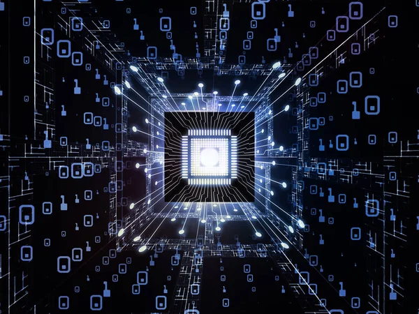 Makine serisi hesaplanıyor. Bilgisayar bilimi, dijital dünya, sanal gerçeklik ve modern teknoloji konularına perspektif olarak Fraktal ortama sahip üç boyutlu CPU çizimi