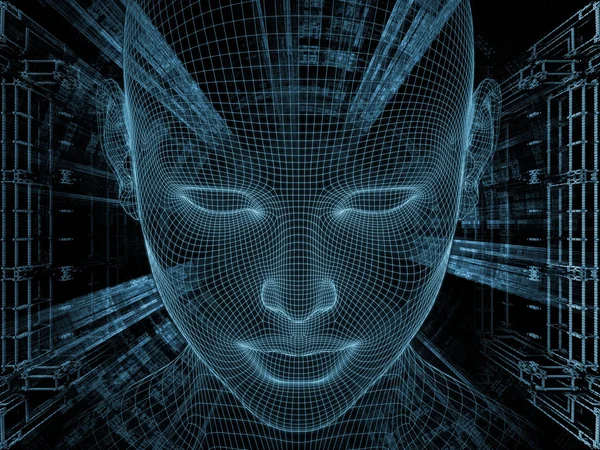 Radiating Mind series. 3D rendering of human head and fractal pattern on the subject of human mind, artificial intelligence and virtual reality