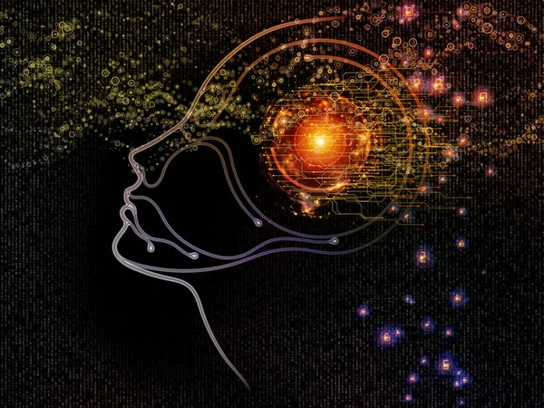 Digital Mind series. Composition of  silhouette of human face and technology symbols to serve as backdrop for projects on computer science, artificial intelligence and communications