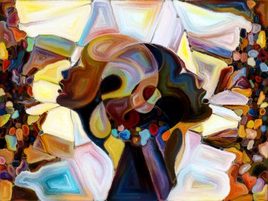 Vitray sonsuza dek serisi. İnsan profilleri, semboller ve renk desen tasarım, yaratıcılık ve hayal gücü projeler için kompozisyon