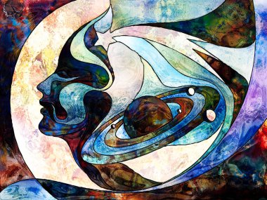 Lekeli Glass Forever serisi. İnsan profili, gezegen ve kuyruklu yıldız sembolleri zihin, bilim, doğanın birliği ve sezgi üzerine organik desenler çizilmiş..