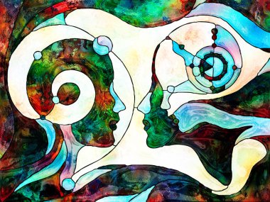 Vitray sonsuza dek serisi. Erkek, kadın ve çocuk kafa profilleri iletişim, iletişim, eğitim ve bilgi belirten organik desenleri ile çizilmiş.