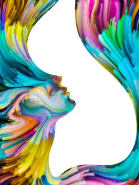 Boya serisi yüz. Arka plan tasarım sanat, hayal gücü, yaratıcılık ve feminizm konusunda renkli insan portresi