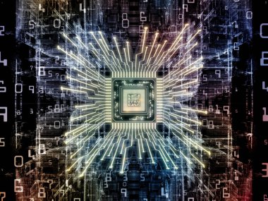 Bilgi işlem makinesi serisi. Cpu 3D çizimi bilgisayar bilimi, dijital dünyada, sanal gerçeklik ve modern teknoloji konu için perspektif fraktal ortamında ile