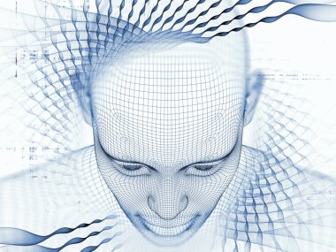 3D render - zihin alan serisi. Tel kafes insan modeli ve fraktal patters yapay zeka, bilim ve teknoloji konusunda başkanı arka plan kompozisyonu