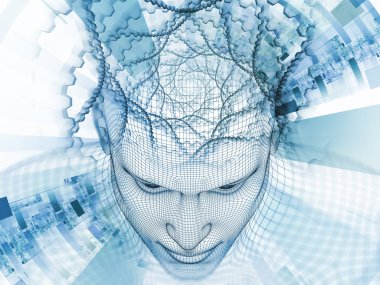 3D Renderleme Zihin Sahası serisi. Yapay zeka, bilim ve teknolojiyle ilgili projelerde zemin görevi görmesi için tel örgüsü insan modeli ve fraktal patinajlardan oluşan tasarım