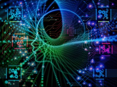 CPU zihin serisi. Bilgisayar bilimi, yapay zeka ve iletişim konusunda insan yüzü siluet ve teknoloji semboller düzenlenmesi