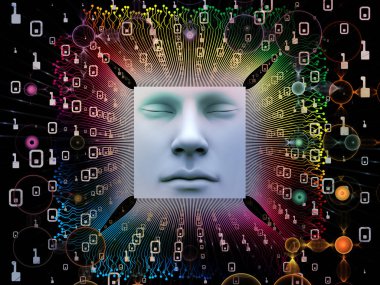 Yapay zeka serisi. İnsan yüzü ve bilgisayar öğeleri süper insan AI, bilgisayar bilinç ve teknoloji konusunda 3d çizimi sanatsal soyutlama oluşan