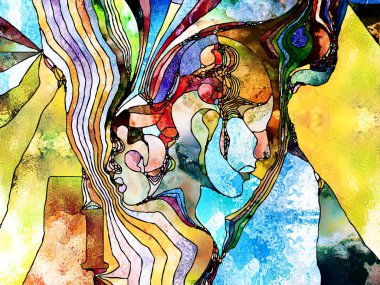 Lekeli Glass Forever serisi. Bilgi, yaratıcılık ve hayal gücüyle ilgili projeler için arkaplan görevi görecek insan profilleri, sayılar ve renk kalıplarından oluşan tasarım