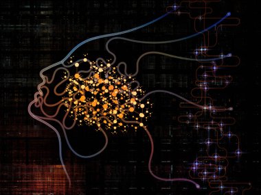 Dijital zihin serisi. Bilgisayar bilimi, yapay zeka ve iletişim projeler için insan yüz ve teknoloji sembol siluet soyut kompozisyon