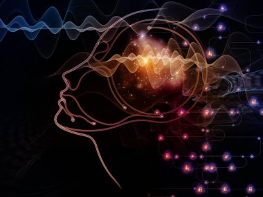 Dijital zihin serisi. Bilgisayar bilimi, yapay zeka ve iletişim konusunda insan yüzü ve teknoloji sembol siluet düzenlenmesi