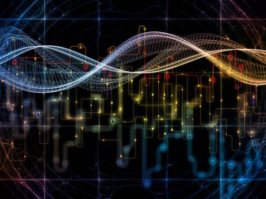 Bağlı dünya serisi. Ağ diyagramları, yüksek teknoloji sembolleri ve fraktal desen uygun modern teknoloji, eğitim ve bilgisayar iletişimle ilgili projelerde soyut kompozisyon